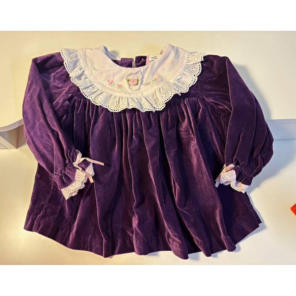 Vintage Girls 24M Purple Velour Dress Lace Collar Floral Embroidery 29991